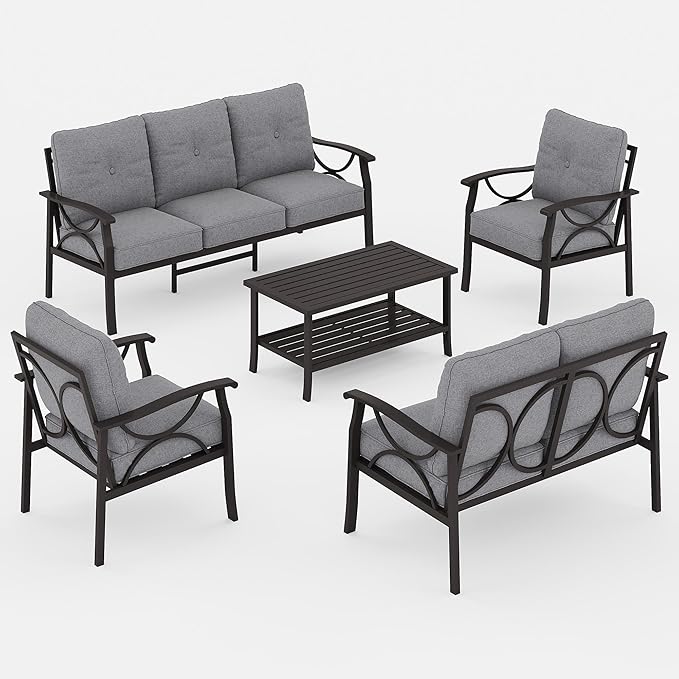 5-Piece Outdoor Patio Furniture Set, Outdoor Metal Sectional Furniture with Cushions, Outdoor Conversation Seating Set with Coffee Table for Balcony, Garden, Deck, Backyard, Grey