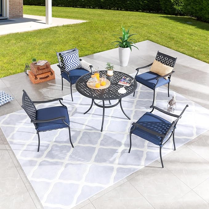Festival Depot 5 Piece Patio Dining Set Metal Chairs with Seat Cushions and Round Iron Table with Umbrella Hole All Weather Outdoor Furniture for Bistro Deck Garden (Blue)