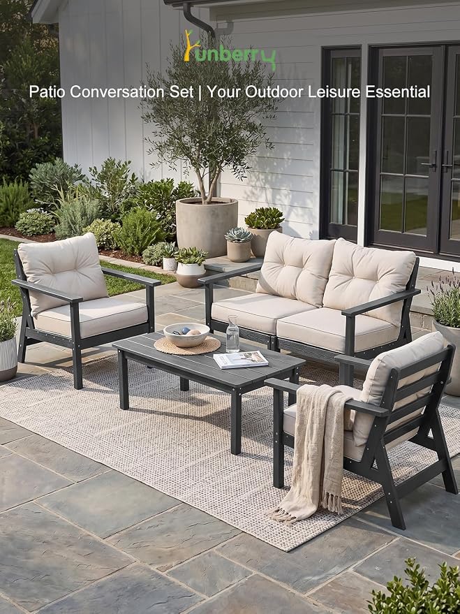 2 Seat HDPE Patio Conversation Set with Coffee Table, Outdoor Chairs Set | Water-Resistant Thick Cushion, HDPE All Weather, Wood-Grain, No Rot or Rust or Crack, UV Fade Shield, Easy-Clean for Outside