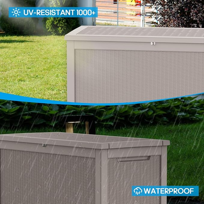 PatioZen 320 Gallon Outdoor Deck Box,Waterproof Resin Outdoor Storage Boxes, Outside Storage Lockable Container for Garden Tools,Indooor Cushions,Accessories (Grey)