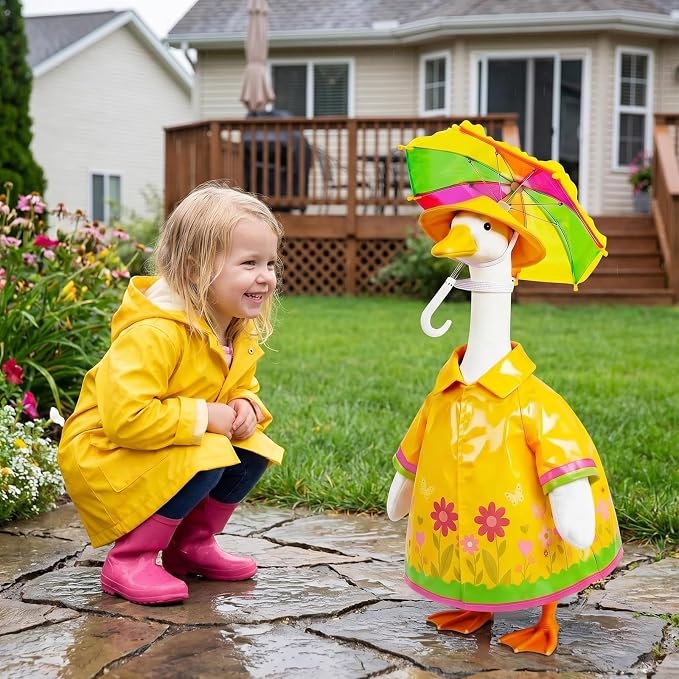Funny 3-Piece Raincoat Porch Goose Outfits, Yellow Floral Raincoat, Rainbow Umbrella & Sun Hat, Lawn Goose Costume Set for 23" Statue, Summer Yard Goose Clothes Set, Outdoor Patio Garden Decoration