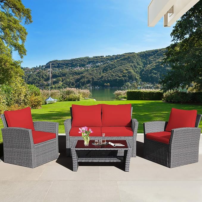 HAPPYGRILL 4 Piece Patio Rattan Furniture Set Outdoor Conversation Set with Cushions and Coffee Table, Sectional Wicker Sofa Set for Garden Porch Balcony Poolside