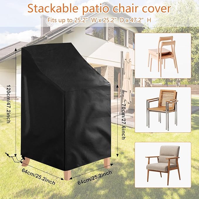 Waterproof Stackable Chair Covers, Uranshin Outdoor Patio Furniture Covers Stacked Chairs 210D Oxford Lounge Chair Covers Outdoor Stack Chairs for All Weather Protection (25"L x 25"W x 47”H (2PCS))