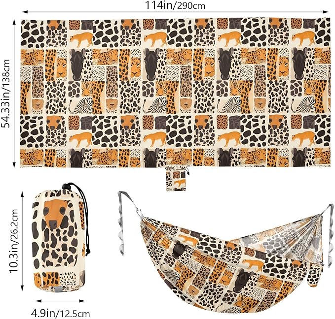 Camping Hammock Outdoor Hammocks for Outside Leopard Zebra Tiger Animal Skins Beach Trees Portable Lightweight with Pockets Tree Straps Indoor
