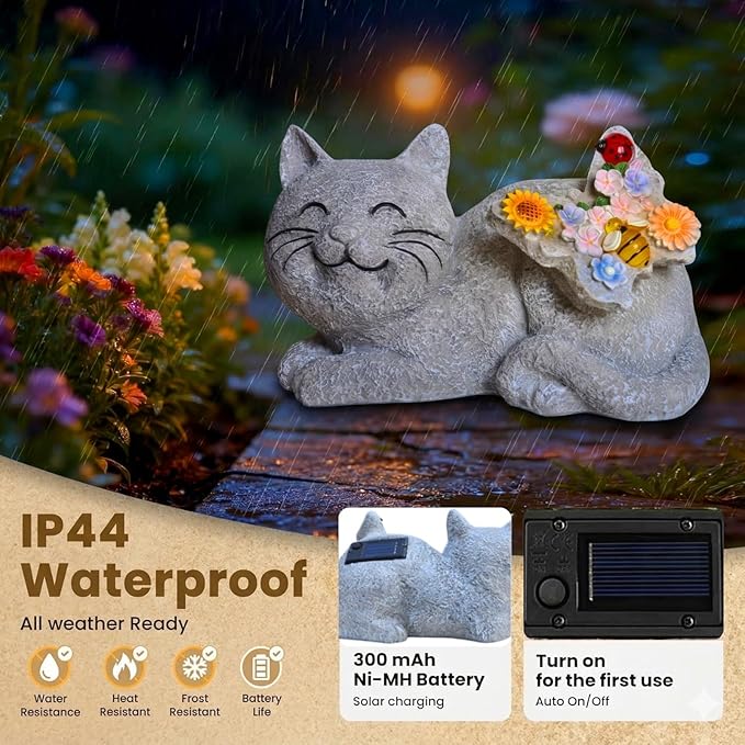 Solar Cat Garden Statue with LED Lights, Waterproof Resin Outdoor Cat Decor, Patio Lawn Yard Ornament, Unique Gifts for Women Mom