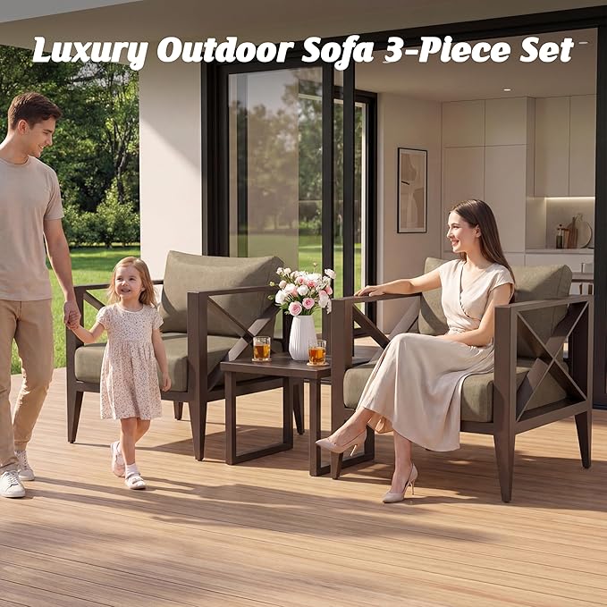 Aluminum Patio Furniture Set, 3 Pieces Conversation Set with 5.2 Inch Cushions and Coffee Table, Outdoor Patio Sectional Sofa for Garden (Brown)