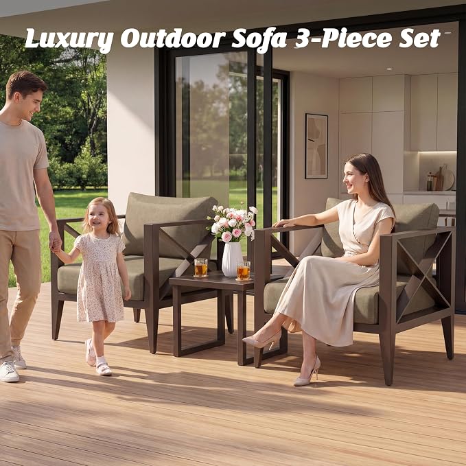 Aluminum Outdoor Patio Furniture Set with 5.2" Thick Cushions, 6-Piece Outdoor Sectional, Patio Conversation Sets for Backyard,(Brown,5 Seats)