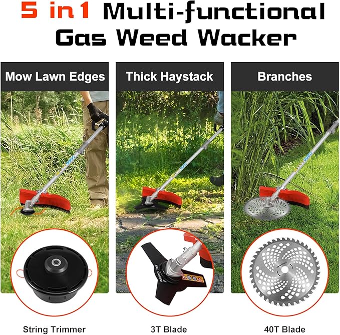 52cc 2-Stroke Gas Weed Eater, 5 in 1 Weed Wacker Gas, Hedge Trimmer with Attachments, 9500rpm Strong Power & Brush Cutter for Yard and Garden (Orange)