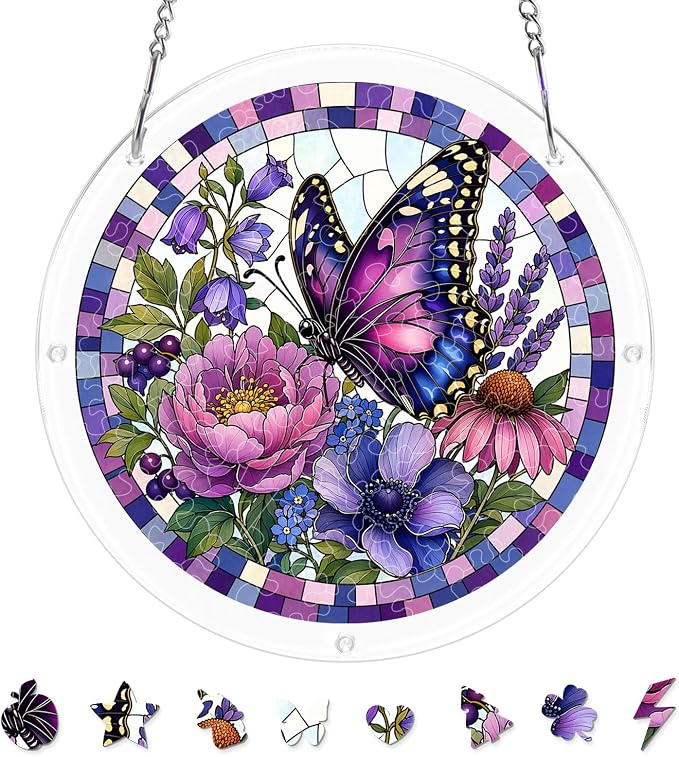 Acrylic Puzzle Suncatcher, Sun Catchers Puzzle for Window Hanging | 8.9 Inch Purple Butterfly DIY Suncatcher Puzzle for Adults, Ideal Gifts for Women, Men, Wife, Mom, Home & Garden Decor