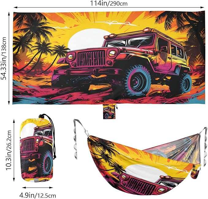 Hammocks for Outside Colorful Offroad Truck Camping Hammock Portable Hammocks with Tree Straps and Carry Bag Camping Accessories for Hiking Beach Outdoor