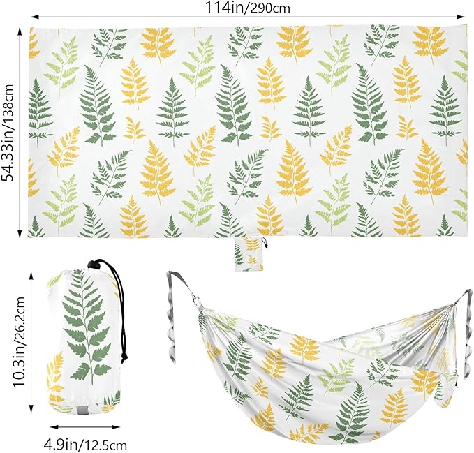 Camping Hammock Outdoor Hammocks for Outside Ferns Green Yellow Leaves Beach Trees Portable Lightweight with Pockets Tree Straps Indoor Small