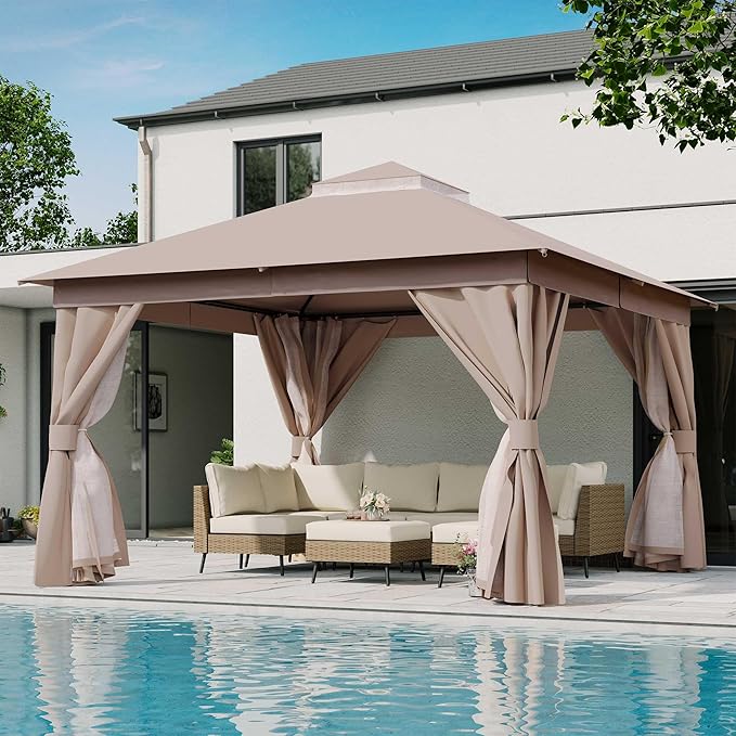 LAUSAINT HOME Patio Gazebo 12'x12', Outdoor Heavy Duty Party Tent Shelter with Double Roofs, Mosquito Nettings and Privacy Screens for Backyard, Garden, Lawn, Khaki
