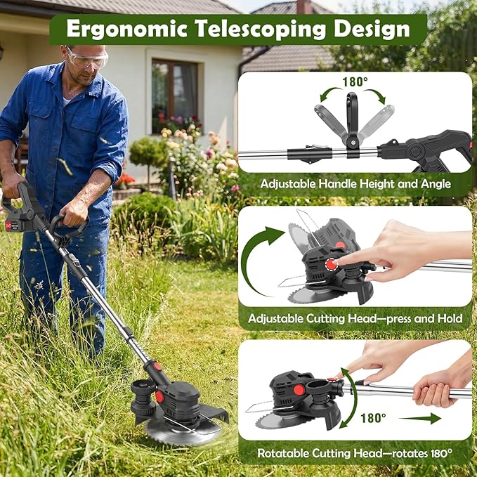 24V Cordless String Trimmer, 8-inch Battery Powered Weed Wacker with 2x4.0Ah Batteries, Foldable 3-in-1 Brush Cutter, 3 Types Blades Electric Lawn Edger with Side Wheel Assist for Yard & Garden