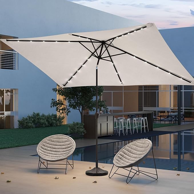 Rectangle Patio Umbrella with Solar Lights, 10 x 6.5ft Rectangular Outdoor Umbrella Table Market Patio Umbrella with Push Button Tilt and Crank for Garden, Deck, Backyard, Pool