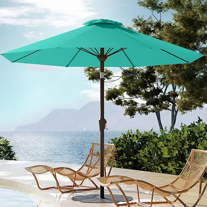 PatioKingdom Auto-Tilt 9FT Patio Umbrella Outdoor with 8 Sturdy Fiberglass Ribs,Market Table Umbrella for Pool,Backyard,Deck and Garden(Peacock Blue)