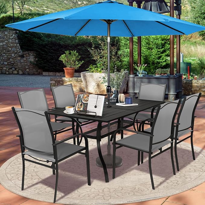 SUNCROWN 8 - Piece Outdoor Dining Set, Patio Furniture Set with 6 Textilene Dinning Chairs, 1 Rectangle Metal Table and 1 Sky Blue 9Ft Patio Umbrella for Lawn Garden Backyard Deck, Grey