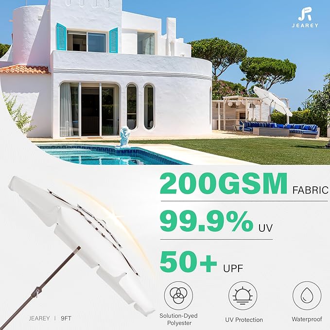 JEAREY 3 Tiers 9 FT Patio Umbrellas Outdoor Table Umbrella with Push Button Market Umbrella 8 Sturdy Ribs UV Protection Waterproof for Garden,Off-white
