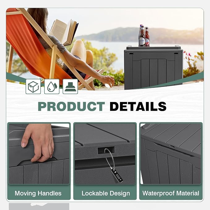 GUNJI 30 Gallon Small Deck Box Outdoor Waterproof Resin Storage Box Lockable Storage Container Outside Package Delivery Box (Gray)