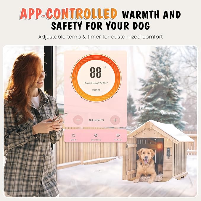 Dog House Heater with Thermostat - PETNF 500W Outdoor Dog Heater WIFI APP Remote Control,Doghouse Heaters for Outside Kennel with External Temperature Probe,41~113℉Adjustable Temp & Timer,Safe for Pet