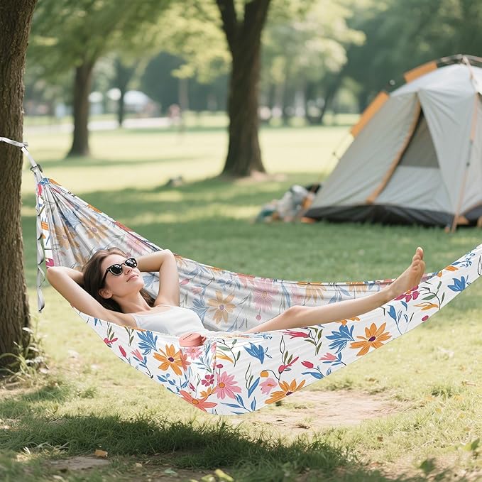 Camping Hammock Outdoor Hammocks for Outside Colorful Flowers Beach Trees Portable Lightweight with Pockets Tree Straps Indoor