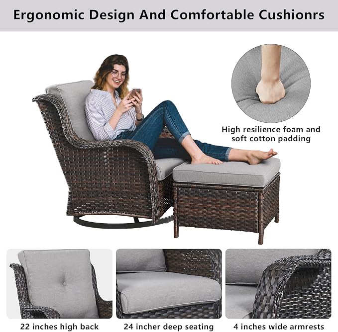 Belord Outdoor Swivel Chairs Set of 2,Patio Wicker Rocker Chairs with Ottomans, All Weather Patio Conversation Furniture Set, Ideal for Porch Balcony Deck Yard, Brown Wicker/Gray