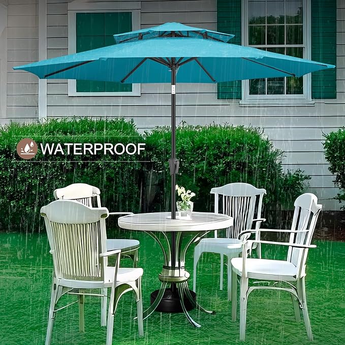FLAME&SHADE 9ft Patio Umbrella - 2 Tiers Outdoor Umbrella with Push Button Tilt and Crank for UV Protection, Table Market Umbrella for Garden, Deck, Backyard, Pool and Beach(Aqua Blue)