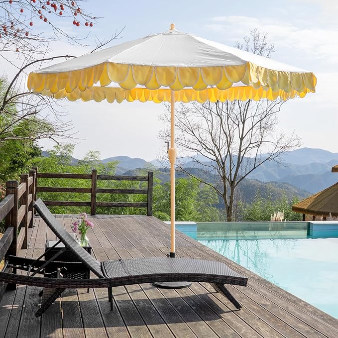 9Ft Elegant Valance Patio Umbrella, Outdoor Umbrellas for Patio with Auto-Tilt and Crank Systerm, Table Umbrella for Outdoors, Poolside,Beach, Backyard