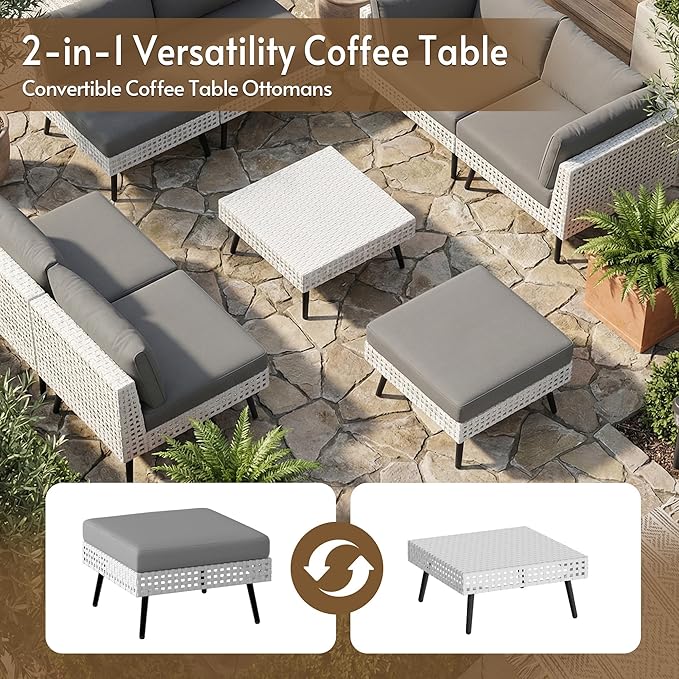 5 Piece Patio Furniture Sets, Modular Patio Sectional Conversation Sets with Upgraded Cationic Fabric Cushions & Outdoor All-Weather Handwoven Open Weave Wicker for Garden, Poolside, Backyard
