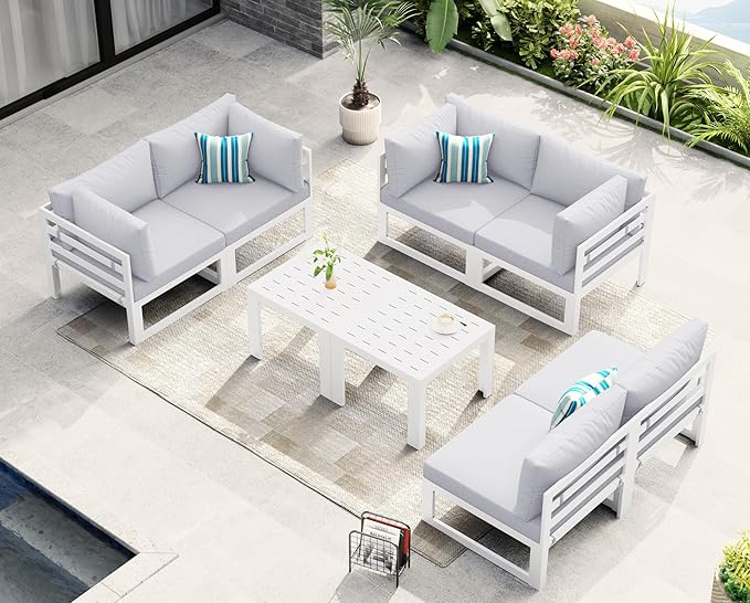 NICESOUL 8 Piece Large Luxury Aluminum Patio Conversation Set, 29" Deep Wide Comfortable Sitting, L Shaped Modular Sectional Couch, 500 lbs Heavy Duty All Weather Outdoor Sofa for Backyard, Light Gray