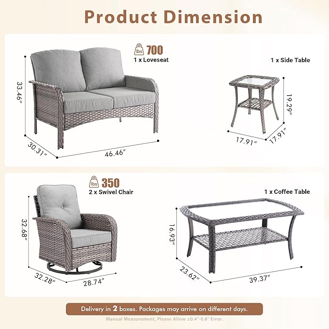 5 Pieces Outdoor Patio Furniture Set with Coffee Table, All Weather Wicker Patio Conversation Sets with Rocking Chairs, Balcony Furniture Sets for Backyard, Garden, Poolside, Dark Grey