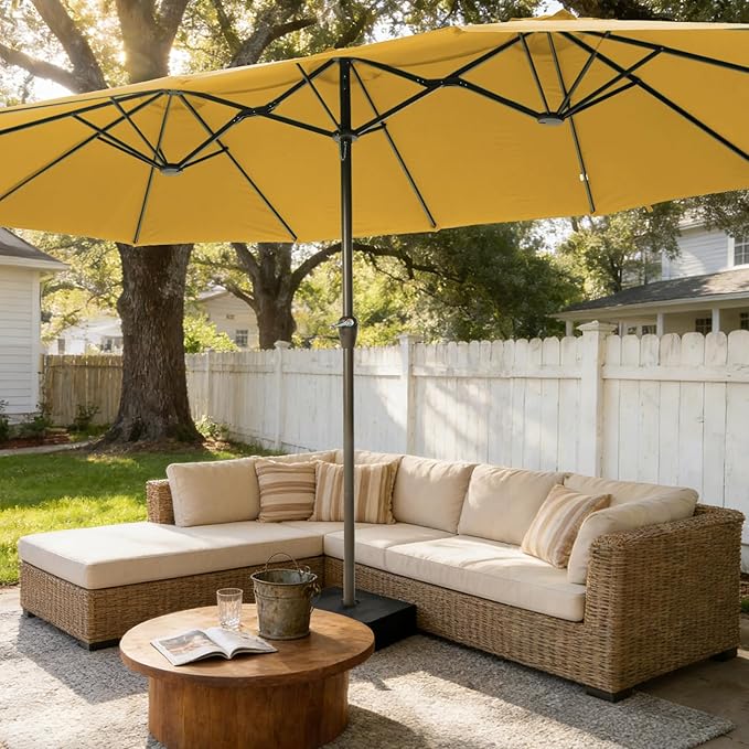 15FT Large Patio Umbrellas with Base Included, Outdoor Double-Sided Rectangle Big Market Umbrella with Stand, Outside Umbrellas for Poolside Lawn Backyard,Yellow