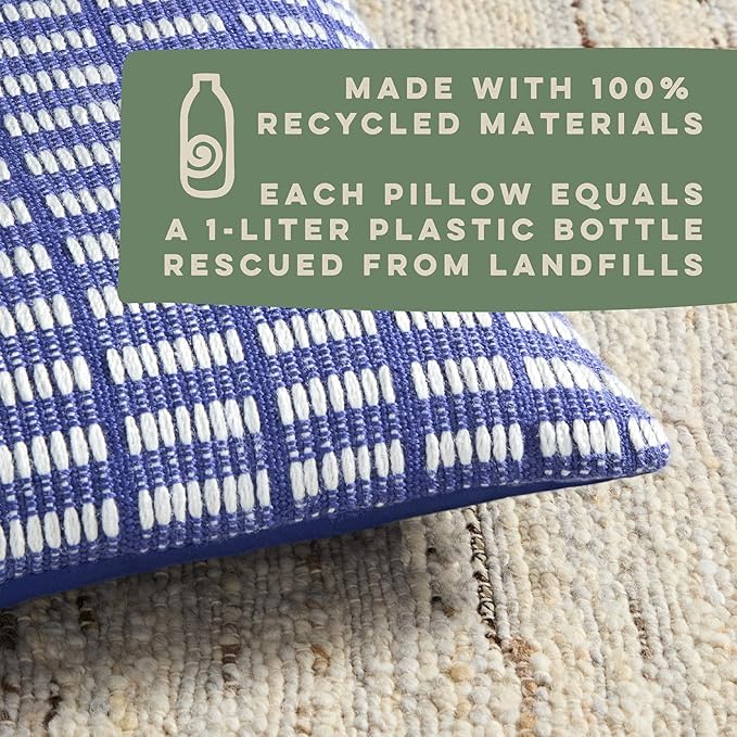 TOWN & COUNTRY TERRA Alara Textured Geo Stripe Handcrafted Indoor Outdoor Decorative Pillow, 100% Recycled Materials, UV Fade Resistant, Water Repellent, Blue/Ivory, 14"x20"