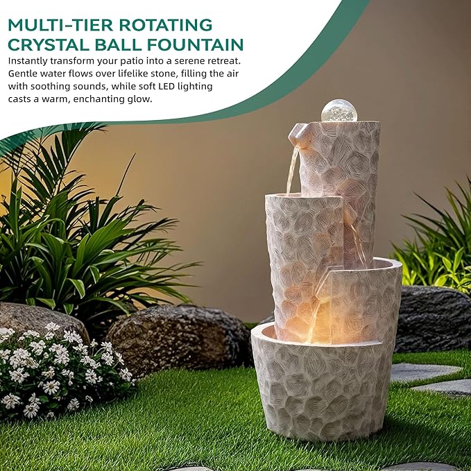 28" 4-Tier Twist Water Fountain with Rotating Crystal Ball, Exclusive Honeycomb Texture, Cascading Waterfalls, Weather-Resistant Outdoor Fountain Creates Tranquil Oasis for Garden Patio