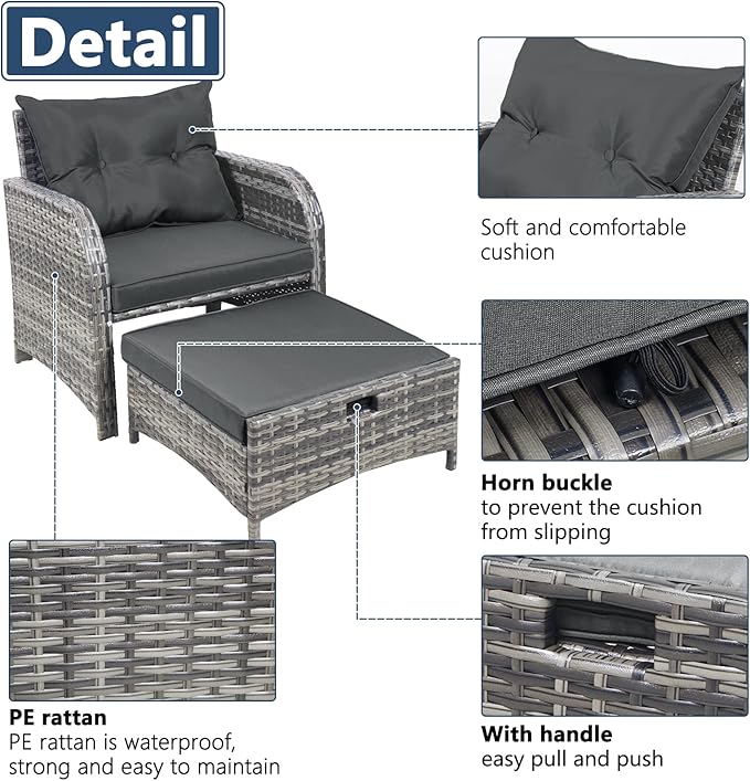 5 Pieces Wicker Outdoor Patio Chairs with Ottomans, All Weather PE Rattan Outdoor Conversation Set Bistro Patio Furniture Set with Hidden Ottoman for Porch Backyard Balcony, Grey