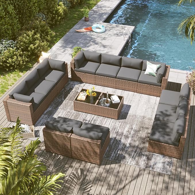 LazySunsets 14 Piece Outdoor Patio Furniture Set with Coffee Table, Outdoor Patio Furniture Sets with Waterproof Cover and Thicken Cushion, Wicker Outdoor Conversation Set for Backyard & Garden, Grey