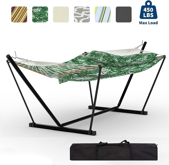 2 Person Outdoor Hammock with Stand, 450 LBS Heavy Duty Anti-Tipping Frame with Balance Rope, Rainproof & Quick Dry for Patio, Backyard, Balcony & Outdoor Garden Use, Green Banana Leaf Color