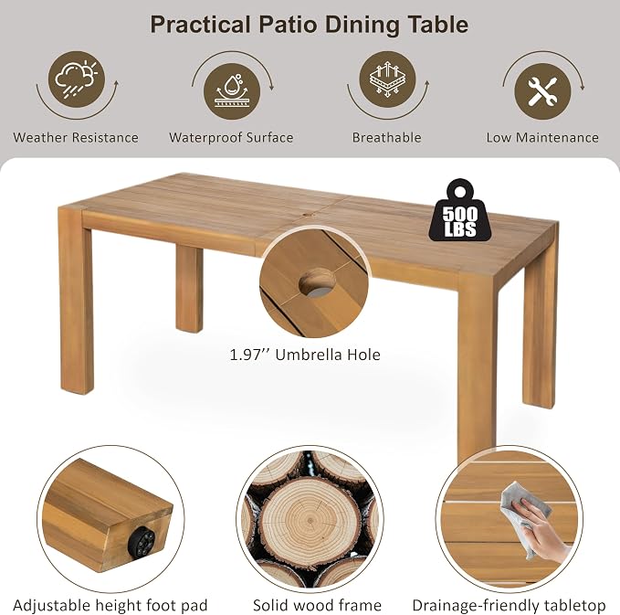 Outdoor 7-Piece Patio Dining Table Set, All-Weather Acacia Wood 72.8" Rectangle Table and 6 Chairs Set with Umbrella Hole and Removable Cushions for Backyard Garden Poolside (Light Teak 72.8'')