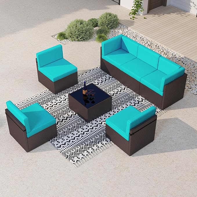 kinbor 7-Piece Outdoor Sectional Patio Furniture Set - Brown PE Wicker Outdoor Couch with Thick Cushions, Luxury Patio Set for Backyard, Poolside, Porch, Turquoise