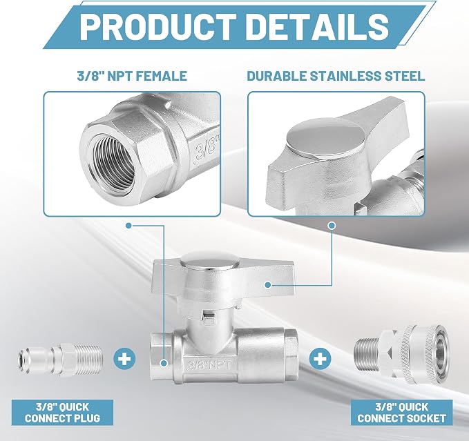 Ball Valve Pressure Washer, 3/8" Quick Connect Ball Valve Kit, High Pressure Shut Off Valve for Power Washer Hose, 5000 PSI, Stainless Steel