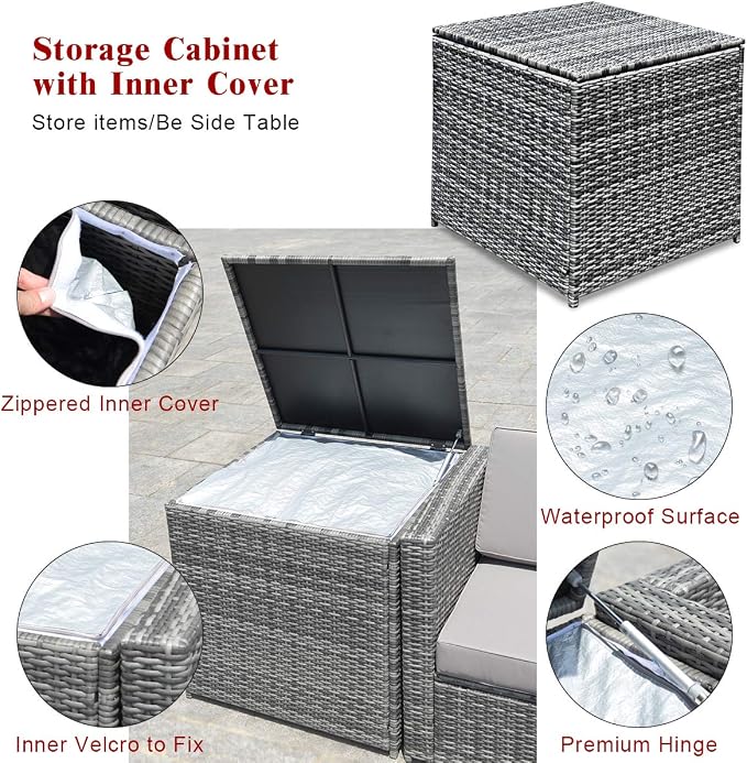 RELAX4LIFE 8-Piece Patio Furniture Set - PE Wicker Conversation Set w/Soft Cushions & Tempered Glass Storage Table, Outdoor Sectional Sofa Set for Garden, Poolside, Backyard (Red)