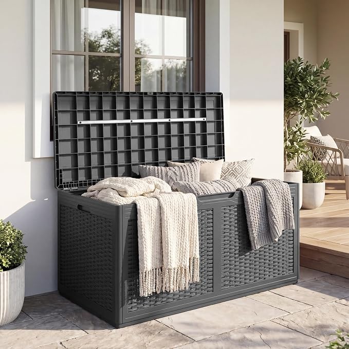 Giantex 100 Gallon Resin Outdoor Storage Box, Waterproof Deck Box w/Lockable Lid & Wheels, Rattan Storage Container Bench for Patio Cushions, Pool Accessories, Gardening Tools, 440 lbs (Grey)