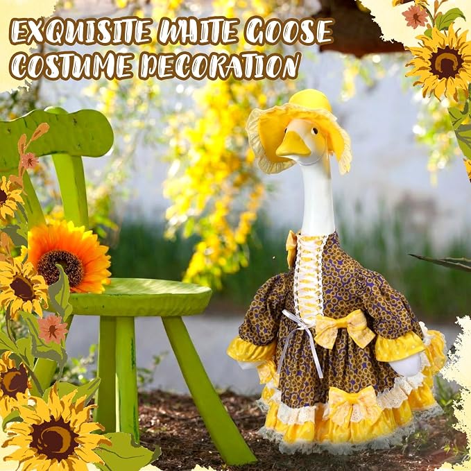 Soulchen 1 Set Summer Sunflower Porch Goose Outfit with Bow 23 Inch Cement Goose Clothes Dress and Hat Costume Set for Summer Christmas Garden Yard Decor