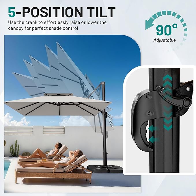 AreShark 10×10FT Double-Top Cantilever Patio Umbrella with Base Included, Offset Umbrella with 360 Degree Rotation, Heavy Duty Patio Umbrella for Garden Deck Pool, 5 Tilt Angles, Light Grey