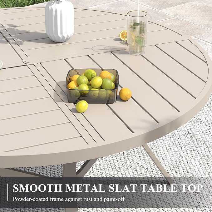 VICLLAX 50" Round Patio Table with Umbrella Hole, All Weather Metal Outdoor Dining Table for 6, Outside Table with Storage Shelf for Lawn Garden, Sandshell Color