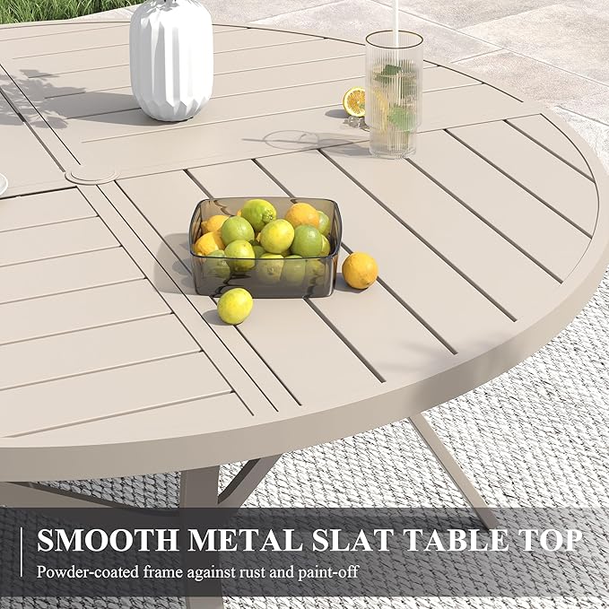 VICLLAX 53" Round Patio Table with Umbrella Hole, All Weather Metal Outdoor Dining Table for 6-8, Outside Table for Lawn Garden, Sandshell Color