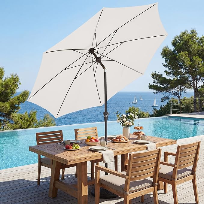JEAREY 9FT Outdoor Patio Umbrella,Market Table Umbrella with 8 Fiberglass Ribs, Pool Umbrella with Tilt and Crank, UV Protection Lightweight & Wind-Resistant for Lawn, Garden, Deck and Backyard, Cream White