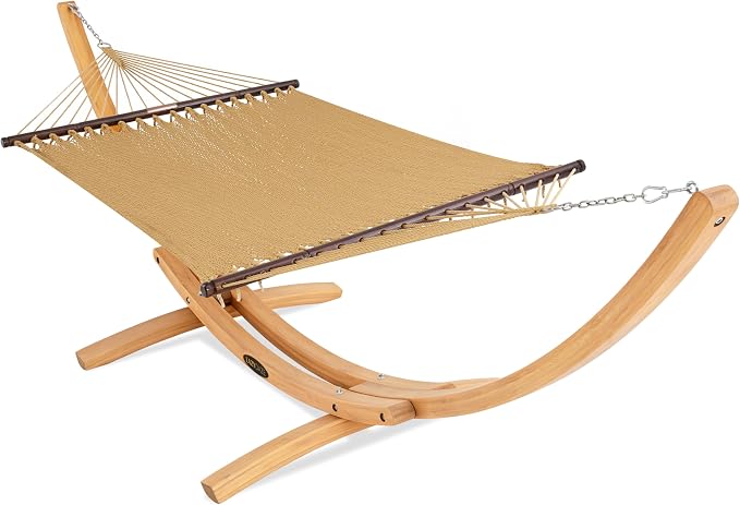 Lazy Daze Hammocks 2 Person Caribbean Rope Hammock with Wood Stand, 10.5FT Polyester Hammock with Spreader Bars, 13FT Heavy Duty Stand Combo, 450 LBS Capacity for Outdoor Backyard Garden Poolside, Tan