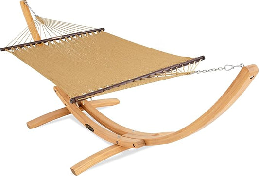Lazy Daze Hammocks 2 Person Caribbean Rope Hammock with Wood Stand, 10.5FT Polyester Hammock with Spreader Bars, 13FT Heavy Duty Stand Combo, 450 LBS Capacity for Outdoor Backyard Garden Poolside, Tan