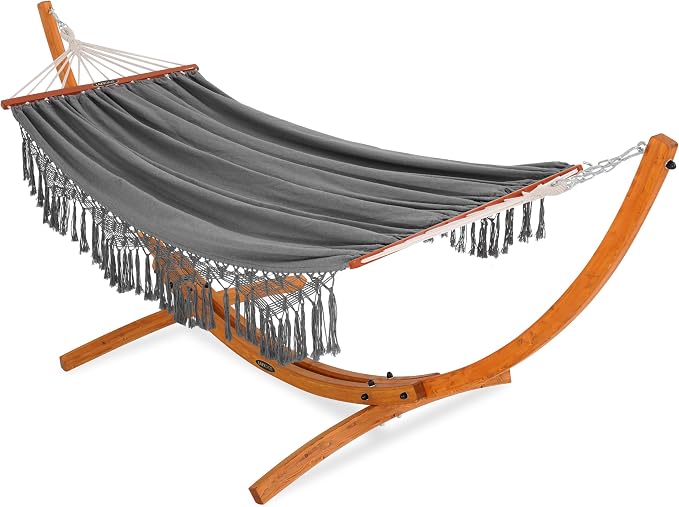 Lazy Daze Hammocks 2 Person Cotton Fabric Hammock with Spreader Bars and 10.5 FT Wood Arc Hammock Stand, Double Hammock with Wood Stand, for Outdoor, Indoor, Patio, Backyard, Dark Gray
