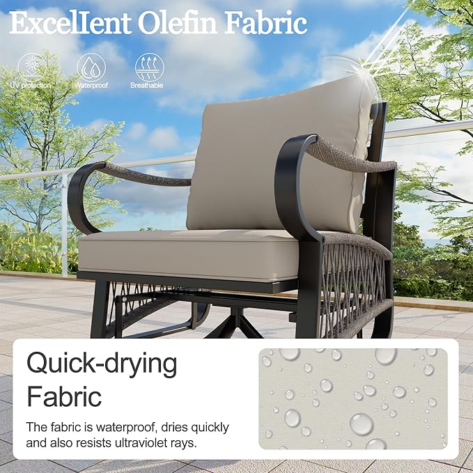 6 Pieces Patio Conversation Sets, All-Weather Metal Swivel Rocking Chairs with Rope Furniture Set, Outdoor Sofa Couch for Deck, Porch, Garden, Backyard, Poolside (Beige Cushions)